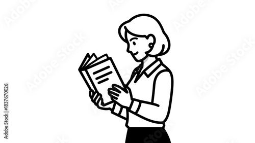 Woman reading a book in monochrome with lines showing pages and simple shading for skirt and hair