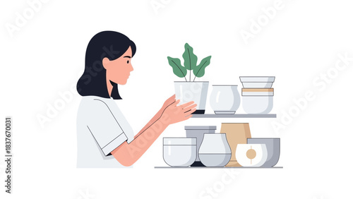 Woman placing a potted plant on a shelf filled with various containers