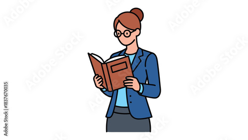 Woman reading book in office attire