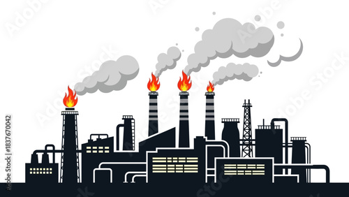 Silhouette of a factory spewing smoke and flames, minimal buildings, piping, vector graphic style on white backdrop