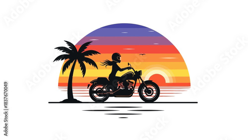 Woman rides a motorcycle at sunset, near a palm