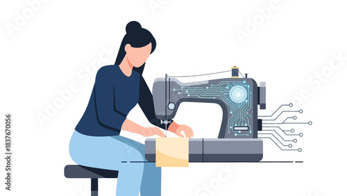 Woman sewing with a technologically advanced sewing machine, digital circuit design, isolated against a white background