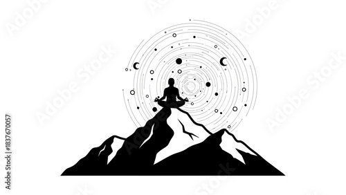 Silhouette of a figure in meditation on a mountain peak, with celestial cosmic background on white
