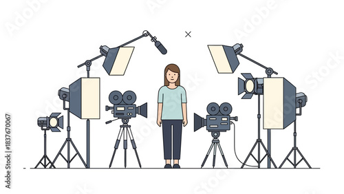 Woman stands between cameras, lights and microphone in a flat illustration with muted blue and white palette