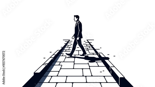 Silhouette of a man in suit walking along a cobblestone road with a shadow