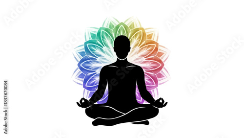Silhouette of a person meditating, lotus position, against a vibrant colorful watercolor floral mandala on a white background