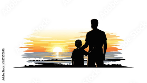 Silhouette of a father and son embrace on beach, watching a vibrant sunset over water, horizon, and sky