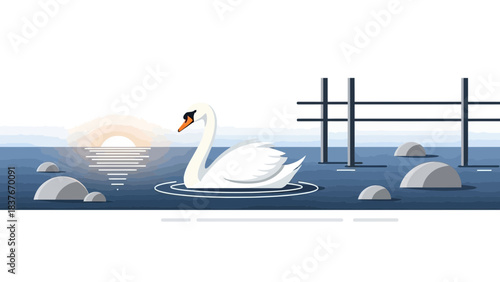 Stylized swan swims serenely in flat blue water with rocks, sunrise, and dock