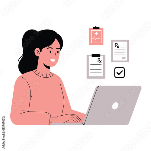 Woman working on laptop with medical documents and prescription forms Keywords: woman, laptop