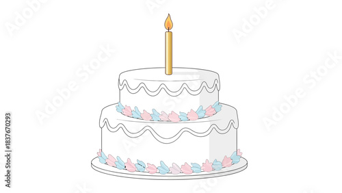 Simple drawing of a two-tiered cake with white frosting, topped with a lit candle on a white background