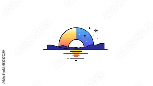 Stylized vector art of a split sunset/night scene with water and stars, minimal details and thick outlines