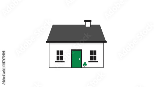 Simplistic cottage with gray roof, green door and small clover against a white background