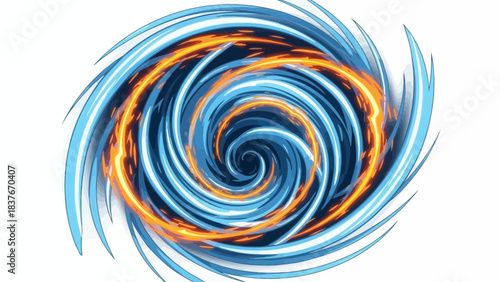 Swirling vortex illustration with blue and white spirals and a central ring of orange flame