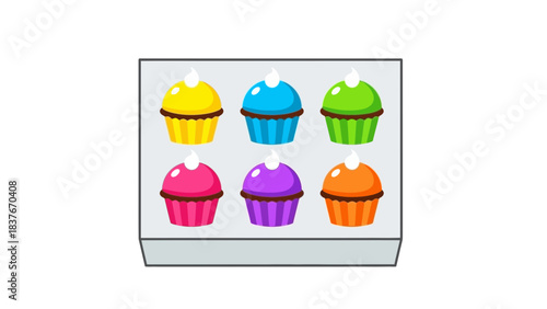 Six colorful cartoon cupcakes in a display case