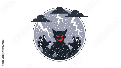 A scary cartoon monster with red eyes stands amidst rain, lightning, and dark clouds
