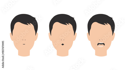 Three flat-style faces, different mouth expressions, light skin, dark hair, against white background