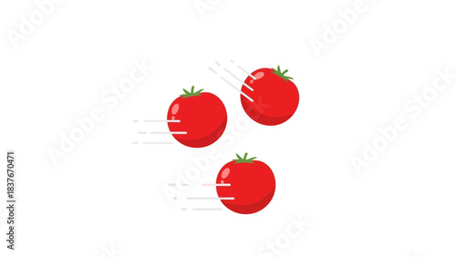 Three red tomatoes flying through the air with motion lines on a white background