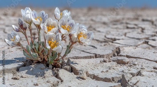 Delicate desert flower blooming in cracked dry earth.