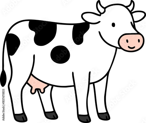 Cute cartoon cow illustration in simple black and white line art style
