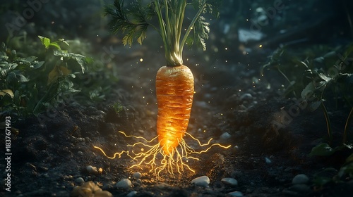 A carrot with golden roots that wiggle slightly
