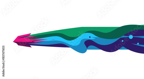 Abstract graphic depicts rapid motion, showcasing a magenta point and flowing green, blue, purple waves, symbolizing speed, energy, and progress.