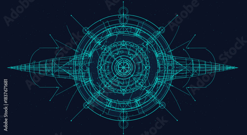 Complex glowing cyan wireframe design with intricate circular and radial patterns, evoking futuristic technology, digital interfaces, or mystical energy fields.