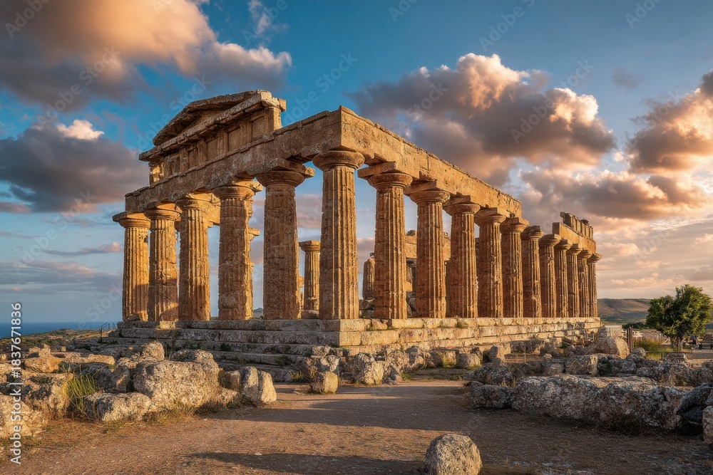 Fototapeta premium Explore stunning ancient ruins in Sicily showcasing timeless architecture and breathtaking landscapes during sunset