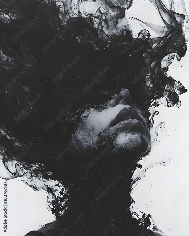 Fototapeta premium Woman submerged in black ink abstract, representing mental health issues, inner turmoil, and struggle with depression or anxiety.