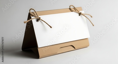 Blank white sheet displayed on kraft paper tent card representing product display, table signage, branding mockup, and minimal presentation.