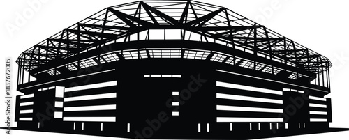 Modern stadium silhouette—black and white vector of truss-roof sports venue with tiered seating and bold geometry