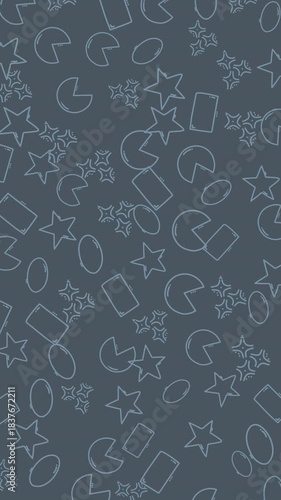 Vertical doodle background with pattern featuring various geometric shapes like stars, circles, rectangles, and abstract forms  ideal for backgrounds, textures, and decorative designs.