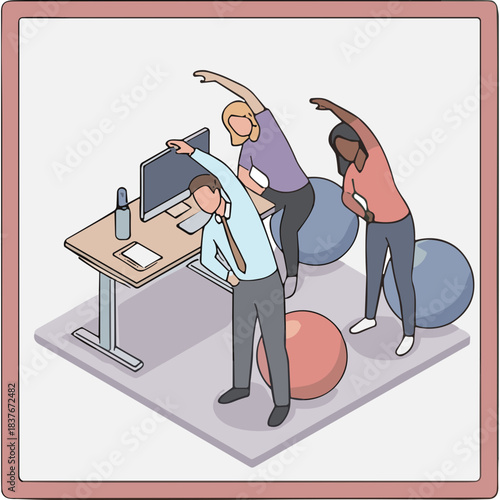 Three Diverse People Doing Office Exercises With Stability Balls And Stretch Bands In A Bright Workspace With Computers And Desks