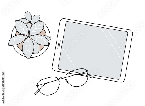 タブレットと観葉植物のミニマルな俯瞰ラインアイコン（くすみカラー）