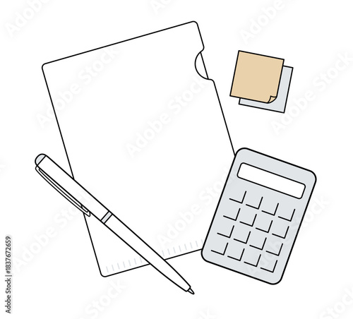 クリアファイル・電卓・ペンのビジネスラインアイコン（くすみカラー・文房具）