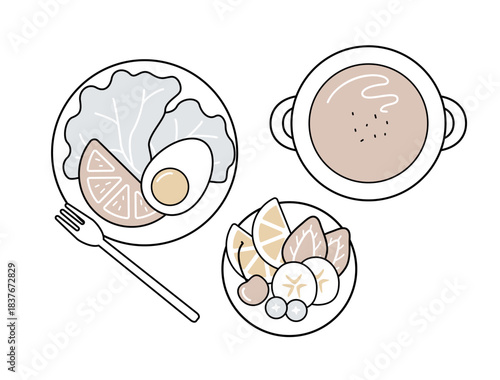 サラダとスープとフルーツ盛り合わせの食事ラインアイコン：ブランチ・ヘルシーフード（くすみカラー）