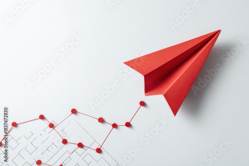 Red paper plane soaring above a strategy chart on a clean white surface, symbolizing innovative business planning and creative ideas in a competitive environment