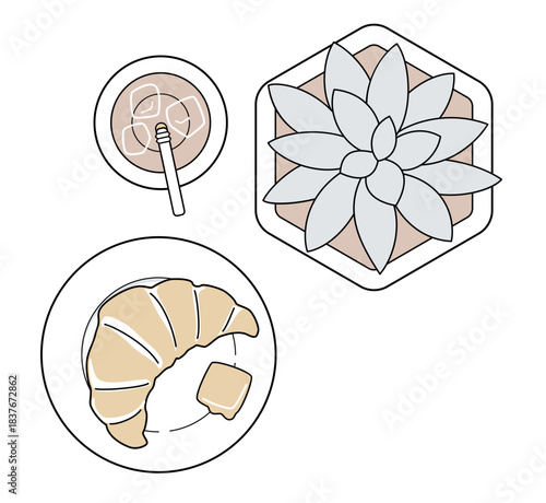 クロワッサンとアイスコーヒーと観葉植物のラインアイコン：カフェ・ブランチの俯瞰（くすみカラー）