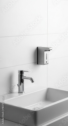 Modern stainless steel automatic soap dispenser installed above a clean ceramic washbasin with a chrome faucet