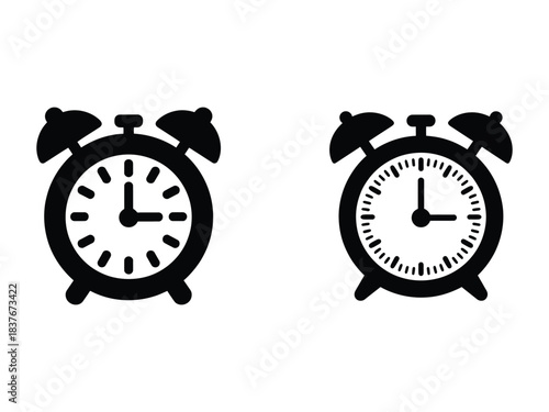 Alarm Clock Icon Set Vector: Time and Wake Up Symbol Black Silhouette Graphic