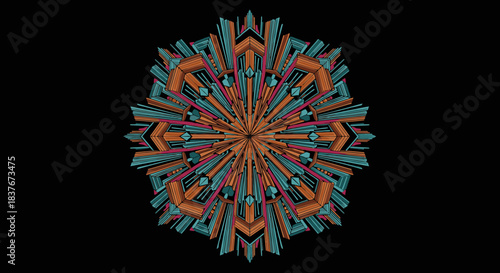 An intricate abstract geometric pattern in vibrant teal and orange hues radiates outward, showcasing perfect symmetry and a modern digital art aesthetic.