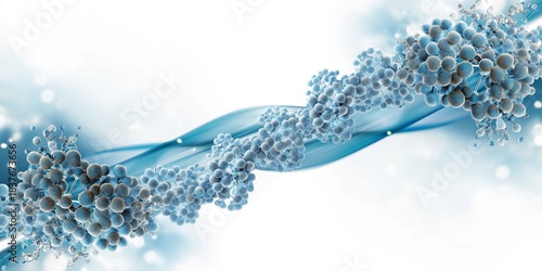 Fototapeta Naklejka Na Ścianę i Meble -  Abstract medical science banner featuring a detailed 3D molecular structure with blue spherical atoms arranged in a helical DNA strand shape. High-tech scientific illustration with a clean white