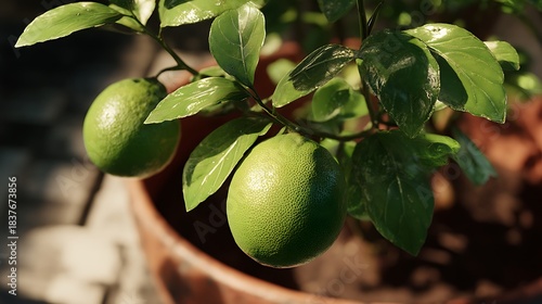 A close-up of a lime fruit on a small tree