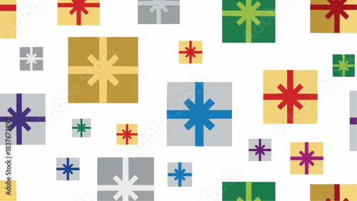 Colorful assorted gift box vector pattern for festive celebrations and holiday events, perfect for backgrounds and promotional designs and websites