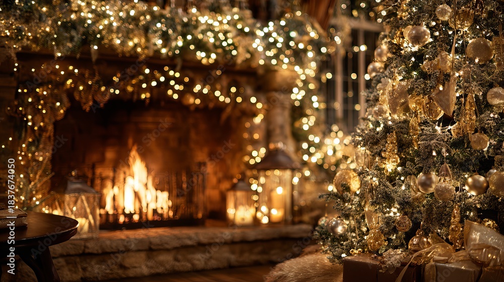 Fototapeta premium Cozy christmas tree with sparkling ornaments and warm fireplace glow in festive holiday setting
