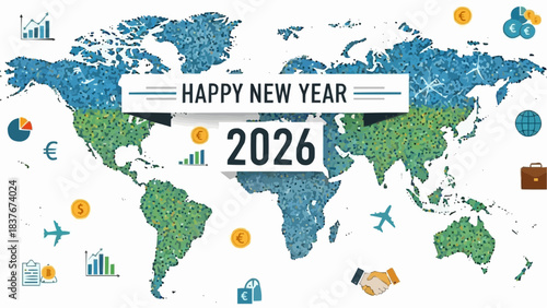 Happy New Year 2026 vector illustration of global business and finance on world map