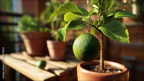 A close-up of a lime fruit on a small tree