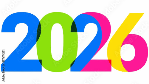Vibrant vector illustration of the year 2026. Modern, overlapping typographic design with a colorful palette, perfect for digital media, future concepts, and annual planning