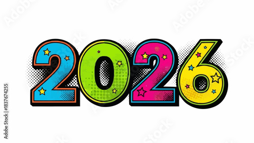 Happy New Year 2026 vector illustration with a colorful, retro comic book style design