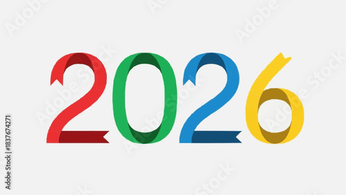 A festive and colorful vector illustration representing the year 2026 with a ribbon-like design
