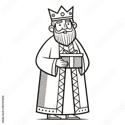 Wise man king with gift cartoon drawing black and white
